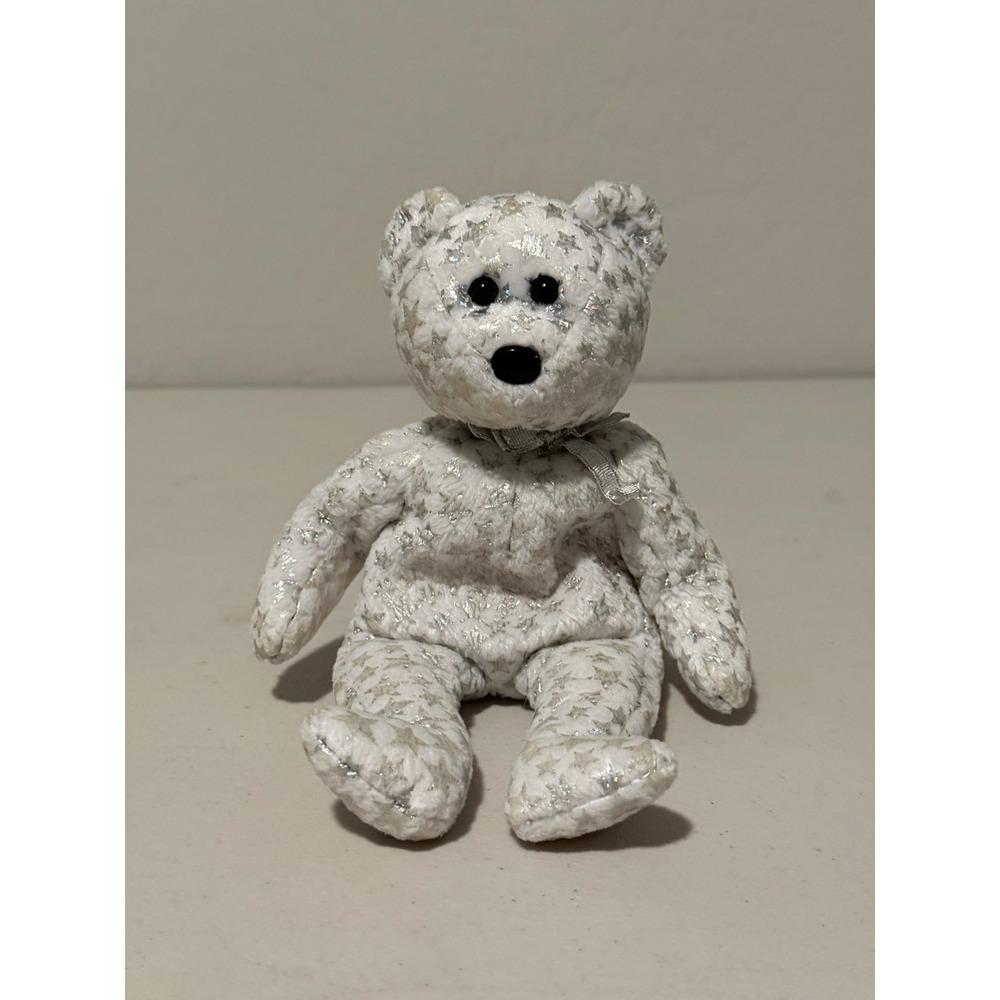 Ty Beanie Baby The Beginning Bear White‎ Silver Metallic Stars Millennium Plush